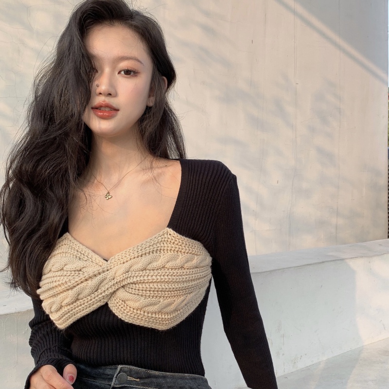 QKOOLE  Áo len tay dài cổ vuông màu đen phong cách Hàn Quốc thời trang cho nữ