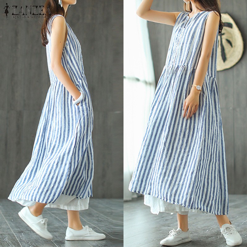 Đầm sát nách form rộng họa tiết kẻ sọc thời trang dành cho nữ | BigBuy360 - bigbuy360.vn