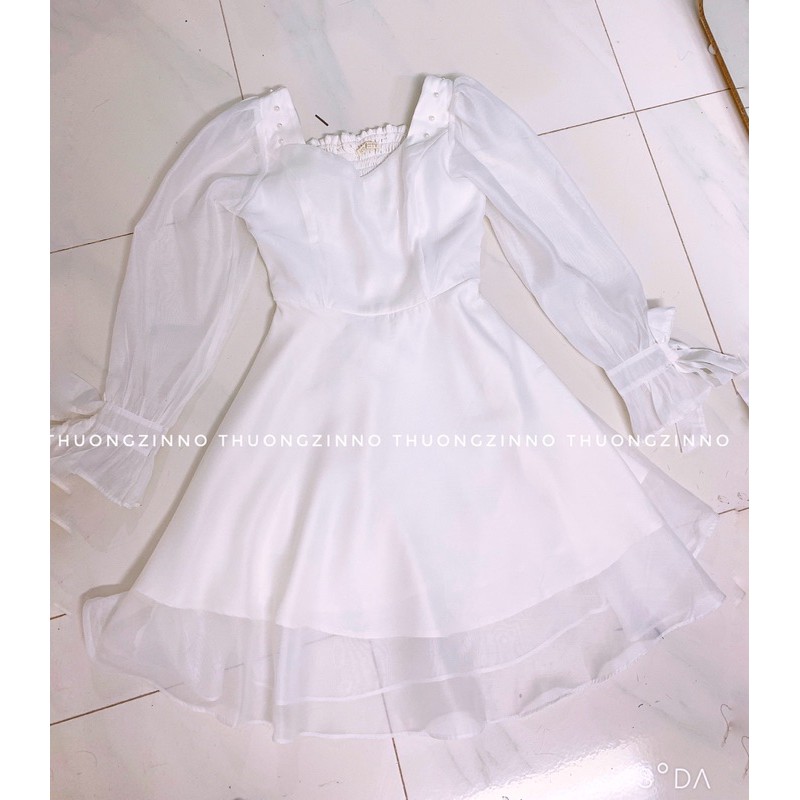Váy trắng tay voan thiết kế đính hạt ngọc Đầm nữ tiểu thư thắt nơ tay