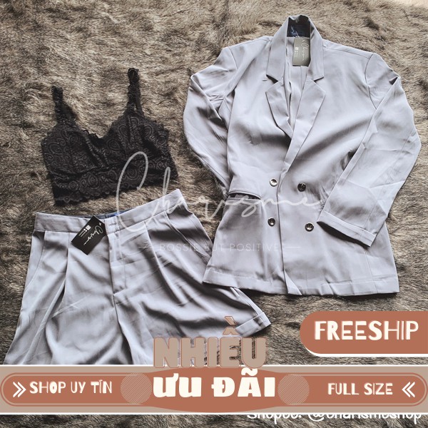 🔥Set Vest Blazer Nữ 2 Lớp Cao Cấp Màu Xám Charisme Ảnh Thật [Áo+Quần] | Có size lớn | May size theo yêu cầu