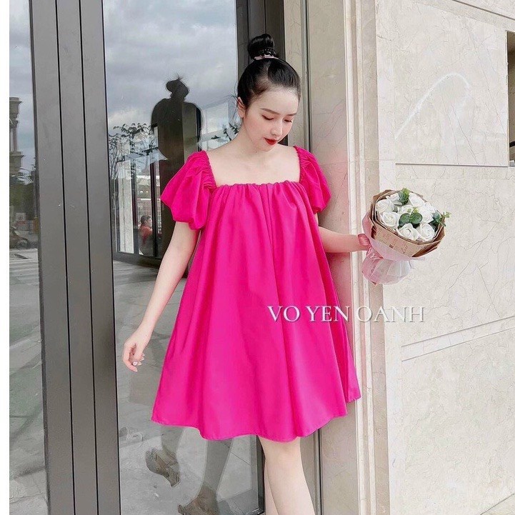 Váy bé gái trễ vai tay bồng 2 mầu Xanh cốm Hồng XHN971