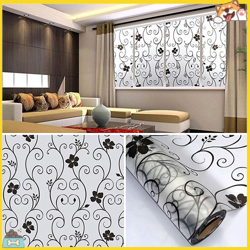 Sticker dán kính chống tia UV 45cm x 100cm hình hoa lá màu đen tiện dụng đẹp mắt