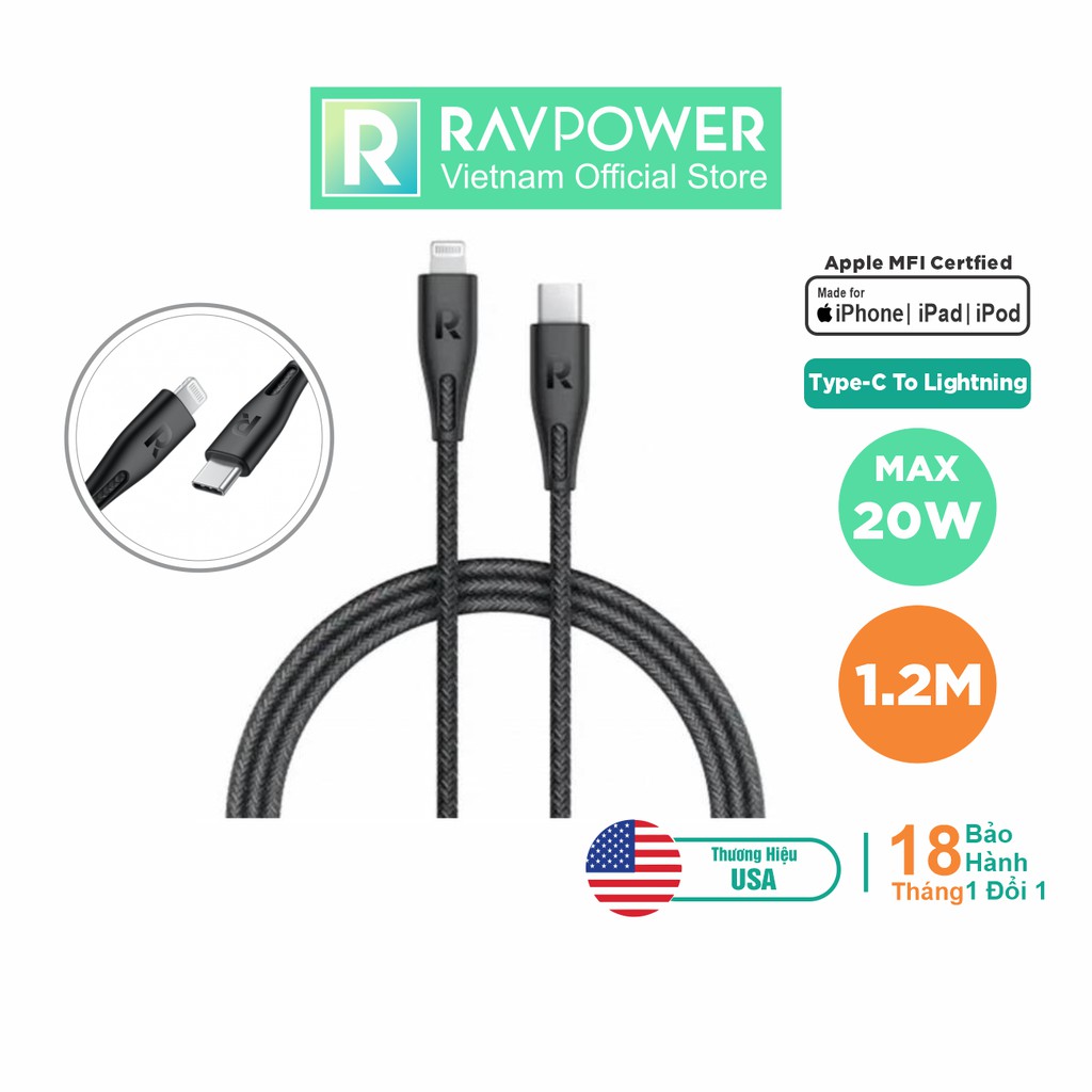 Dây Cáp Sạc Nhanh iPhone, iPad Đến 20W RAVPower RP-CB1017 USB Type C To Lightning, MFI C94, Dài 1.2m - Hàng Chính Hãng