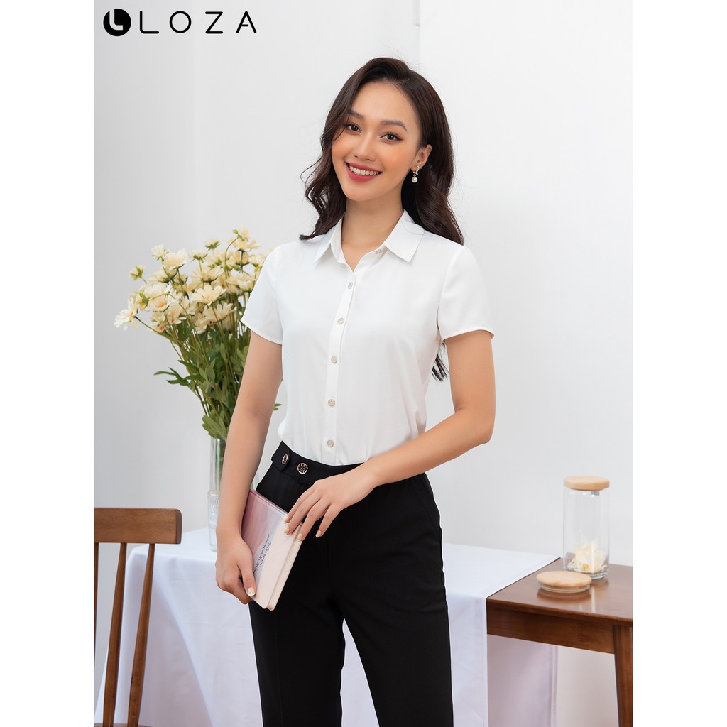 [Mã FASHIONMALLT4 giảm 15% đơn 150k] Áo sơ mi nữ trắng LOZA cổ đức - LS1450