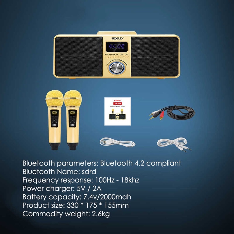 Loa Bluetooth Mini Karaoke SDRD SD-309 , Bản Cao Cấp Chất Lượng, Kèm 2 Micro Sạc Không Dây