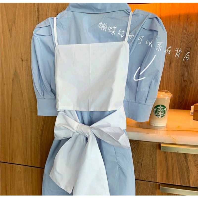 Đầm sơmi tay bồng phối nơ Ullzang