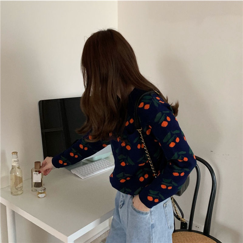 Áo kiểu PURE CUBE dệt kim tay dài dáng rộng cổ polo in họa tiết quả cherry phong cách Hàn Quốc xinh xắn cho nữ