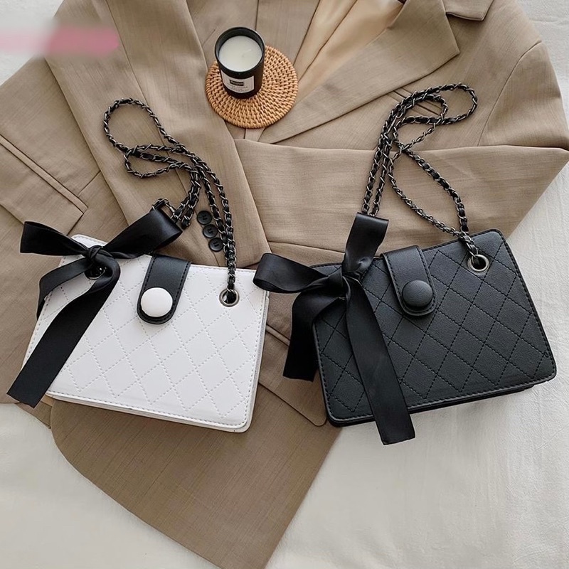 Túi Xách Nữ, Túi Công Sở Thắt Nơ Họa Tiết Ô Trám Sang Trọng, Dây Xích Phối Da Cao Cấp