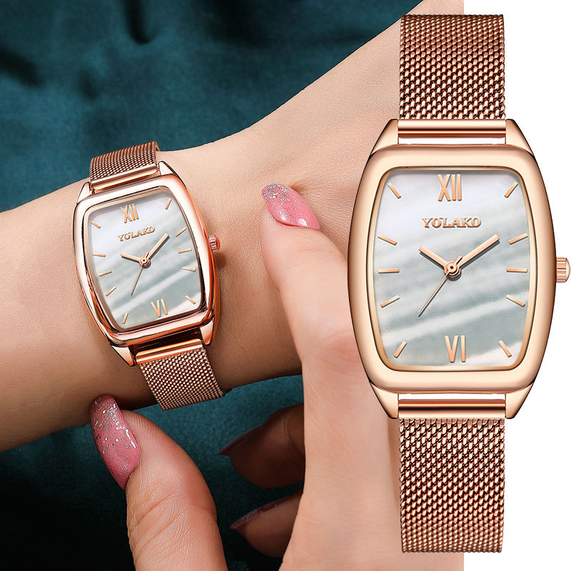 ZOLFA Fashion Rose Gold Women Mesh Belt Watches Elegant White Ladies Quartz Wrist Watch Dress Clocks Square Womens Analog Watches Đồng hồ nữ