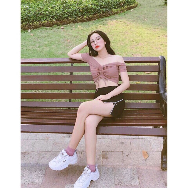 Áo thun gân bẹt vai dây rút dáng croptop siêu xinh - Colory Shop