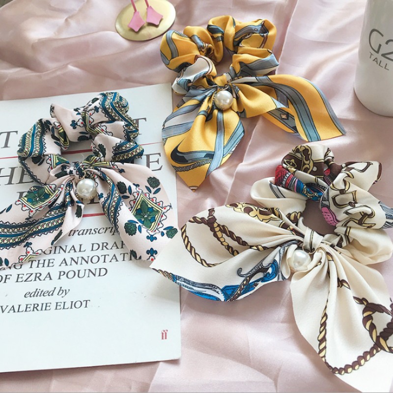 Women Accessories Pearl Bow Hair Scrunchies Rope Band Ring Tie Ponytail Holder