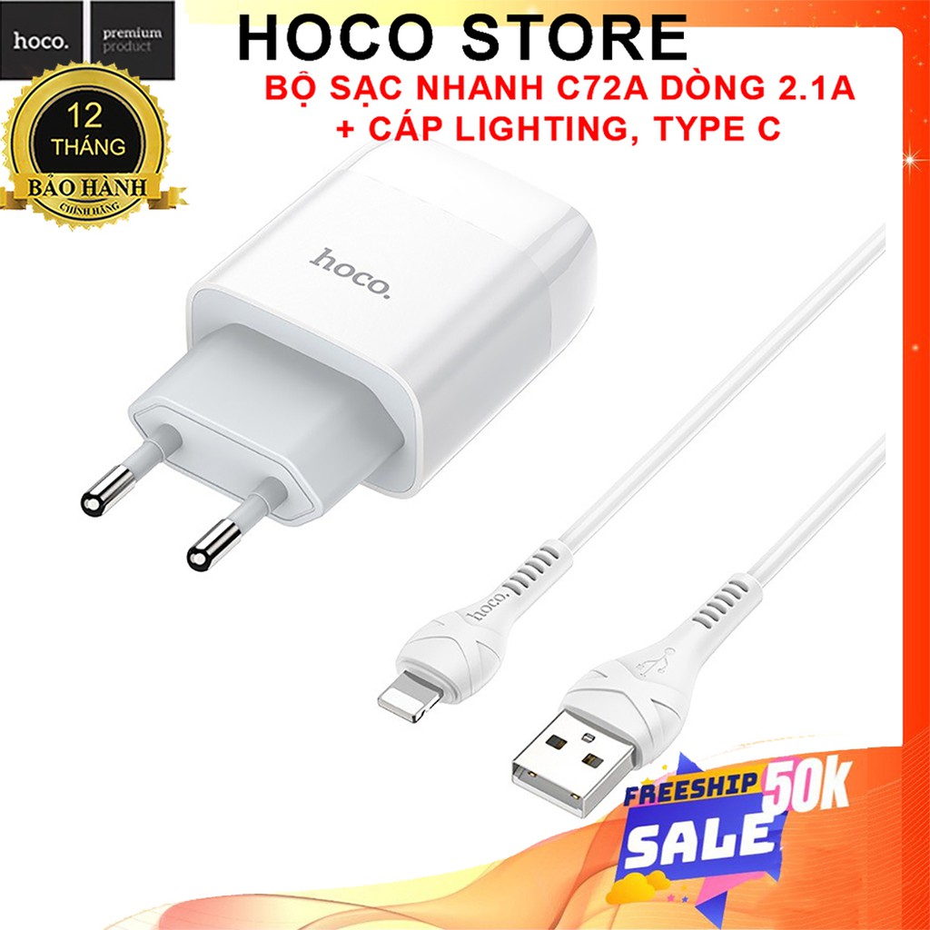 ⚡NowShip⚡ Bộ Củ Sạc Hoco C72/C72A Hỗ Trợ Sạc Nhanh 2.1A Kèm Dây/Micro USB/Type C-Bảo Hành 12T