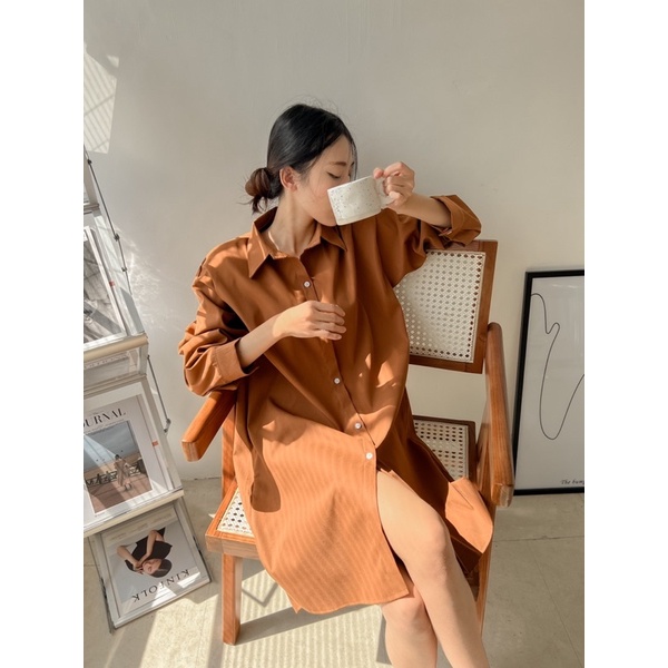 Đầm Sơmi tay dài SHIRT DRESS thiết kế form dài oversize suông rộng