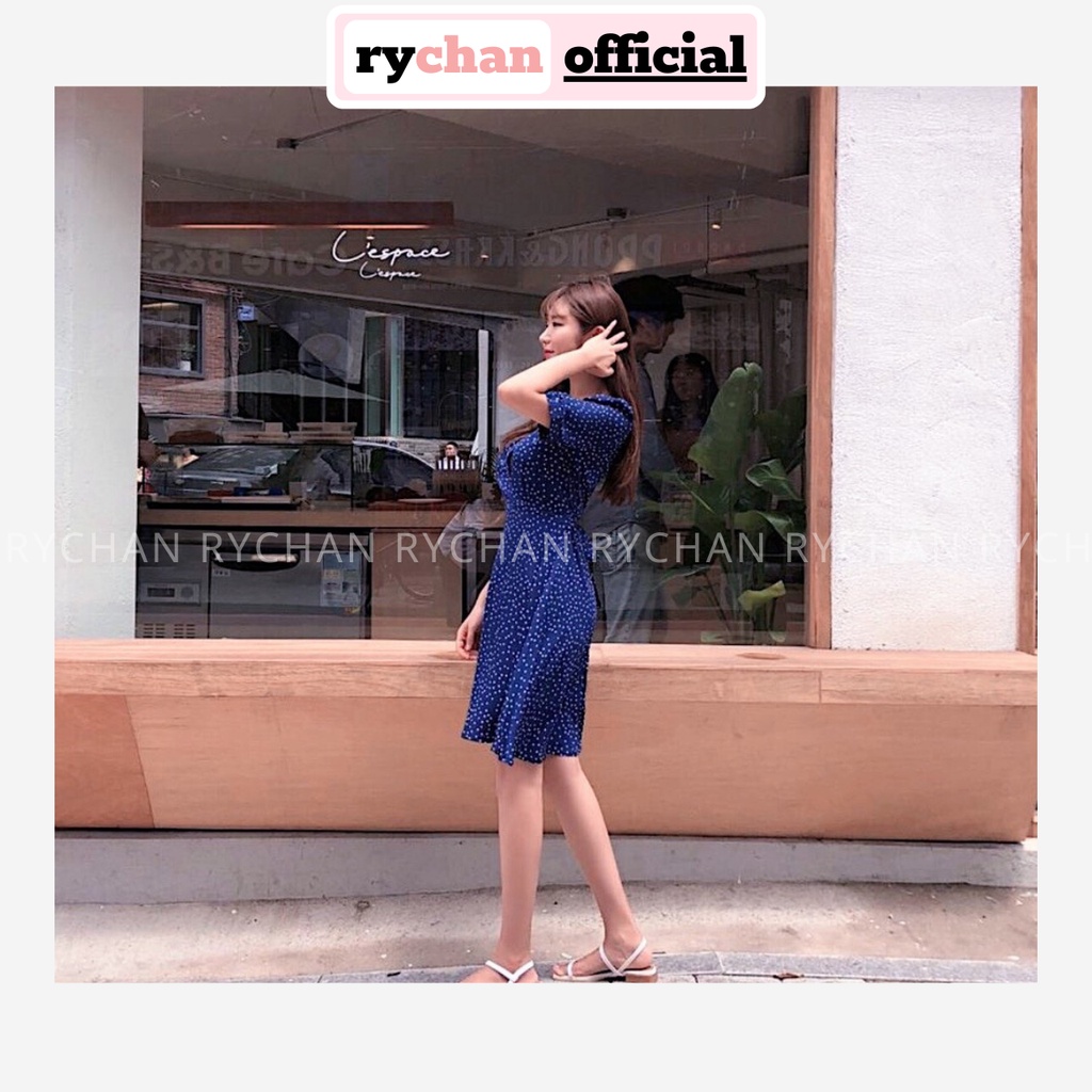 Đầm Xòe Bi Xanh Cổ V Buộc Eo - DX825