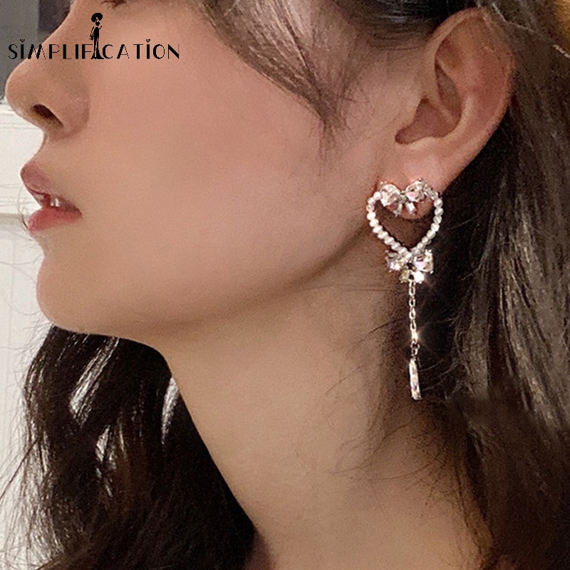 Khuyên Tai Tua Rua Hình Trái Tim/Nơ Đính Đá Zircon Ngọc Trai Tinh Tế Thời Trang Hàn Quốc