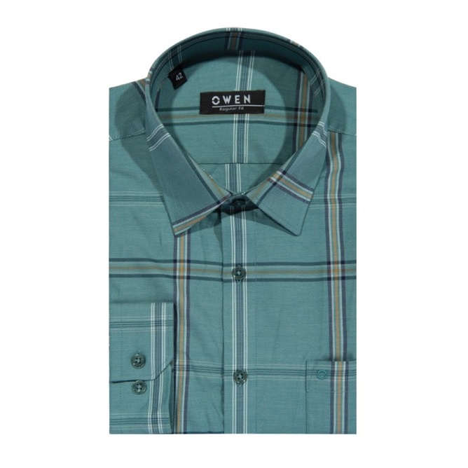 Áo Sơ Mi Nam Dài Tay OWEN AR220813DT Somi Công Sở Vải Bạc Hà Cao Cấp Kẻ Caro Xanh Mint Đậm Dáng Suông Tà Lượn Có Túi