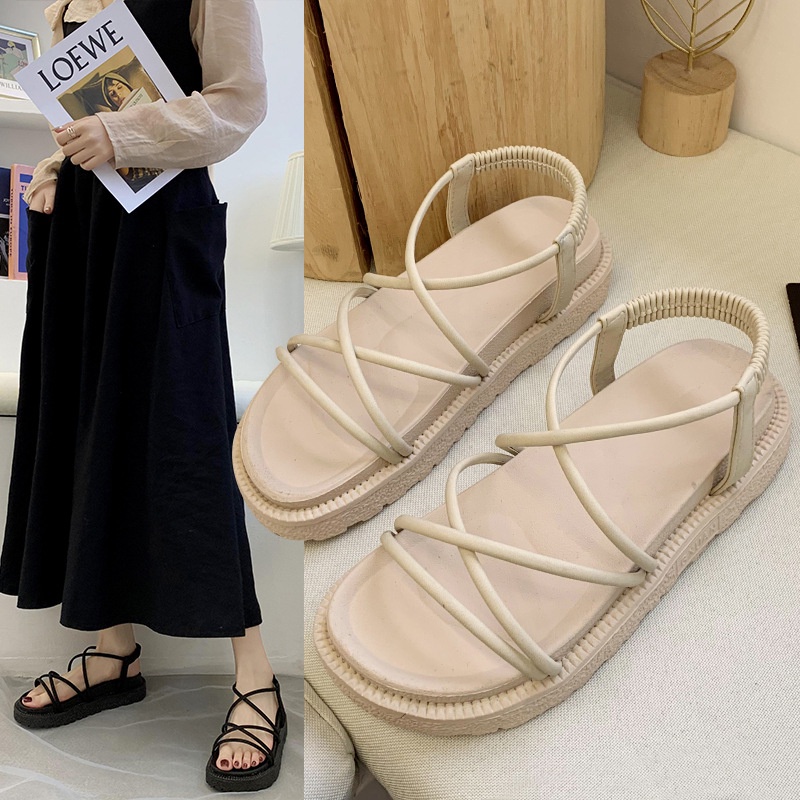 Giày (dép) sandal dây đi biển, giày xăng-đan đế bằng 3 phân xinh xắn style Hàn Quốc