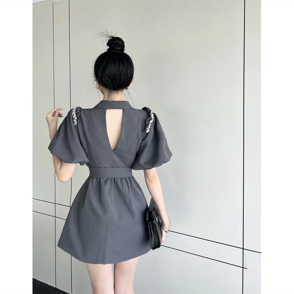 French imperial sister Fan temperament bubble sleeve advanced sense skirt summer bare back loose waist suit dress women's dress