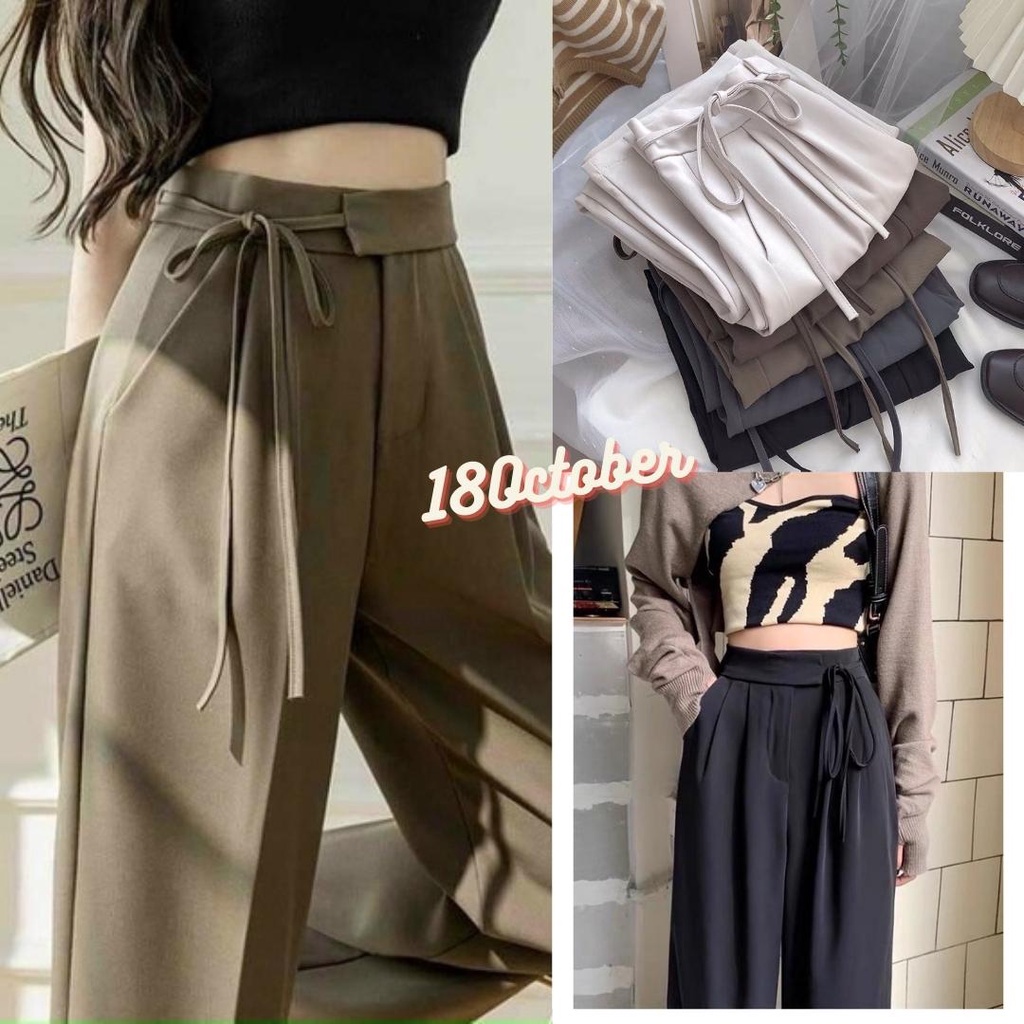 Quần tây nữ ống suông ống rộng cạp cao thắt dây bên hông