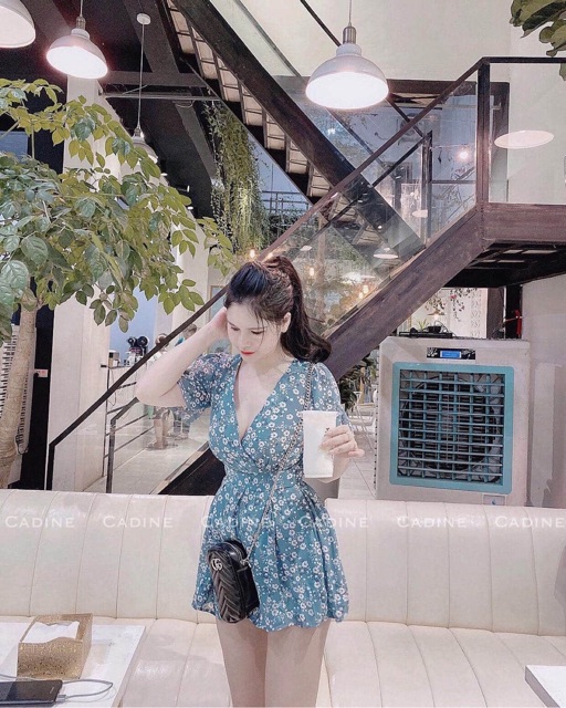 Váy jum ngắn nữ ulzzang hoa nhí Jumpsuit hoa tay xòe xếp ly chất voan lụa mặc hè tôn dáng siêu xinh CADINE