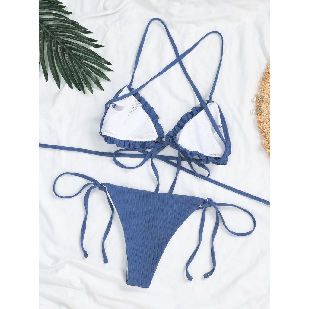 Set bikini bơi tắm xẻ hông lưng đẹp buộc dây màu trơn gợi cảm