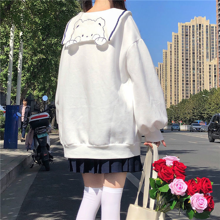 Áo Hoodie Tay Dài Dáng Rộng Phối Nơ Dễ Thương Cho Nữ