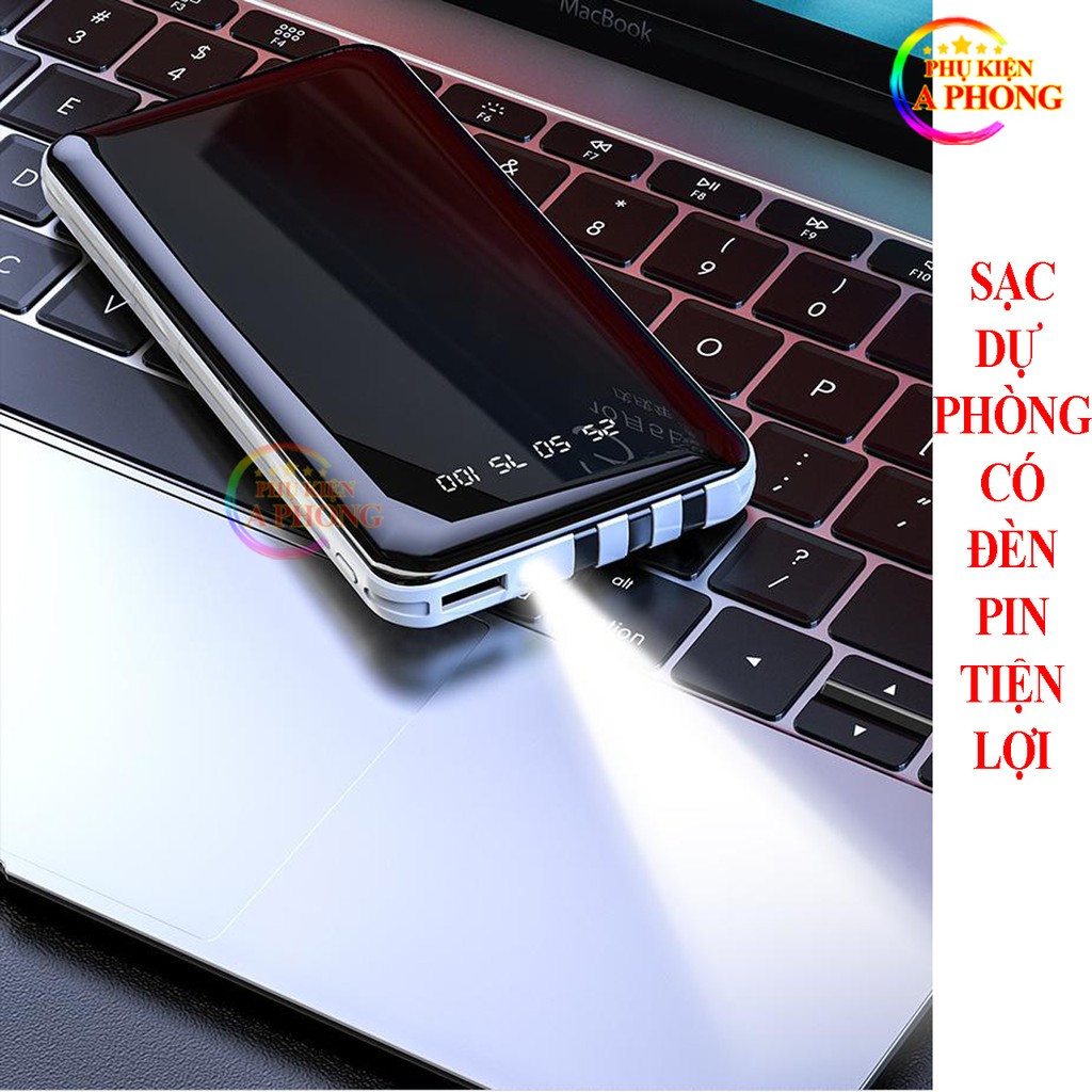 [3 trong 1] Sạc Dự Phòng Tích Hợp 3 Cáp Sạc Micro, Lingtning, TypeC, Có Đèn Pin, Có Đế Xem Phim, Pin Chuẩn 10.000 mAh