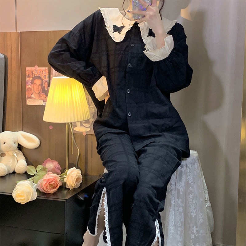 Bộ đồ ngủ tay dài cổ búp bê ngọt ngào đơn giản thời trang thu đông cho nữ