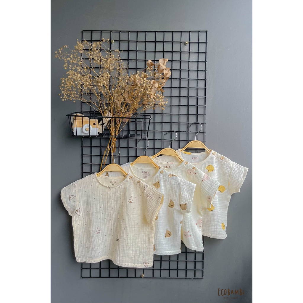 Áo UNISEX cotton Muslin tay ngắn phong cách Hàn Quốc năng động in hoạ tiết cho bé - Ecobambi