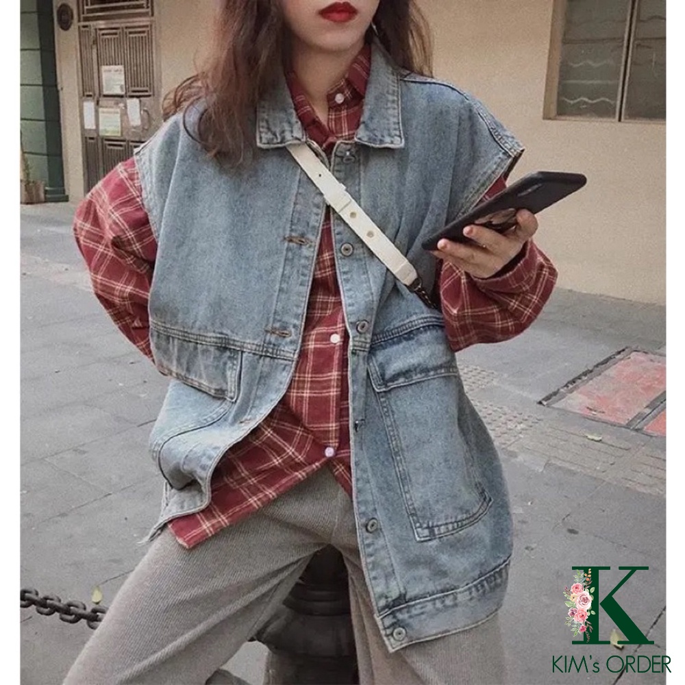 Áo khoác jean nữ màu xanh sát nách phom rộng phong cách retro sành điệu cá tính năng động Ulzzang Hàn Quốc chất đẹp