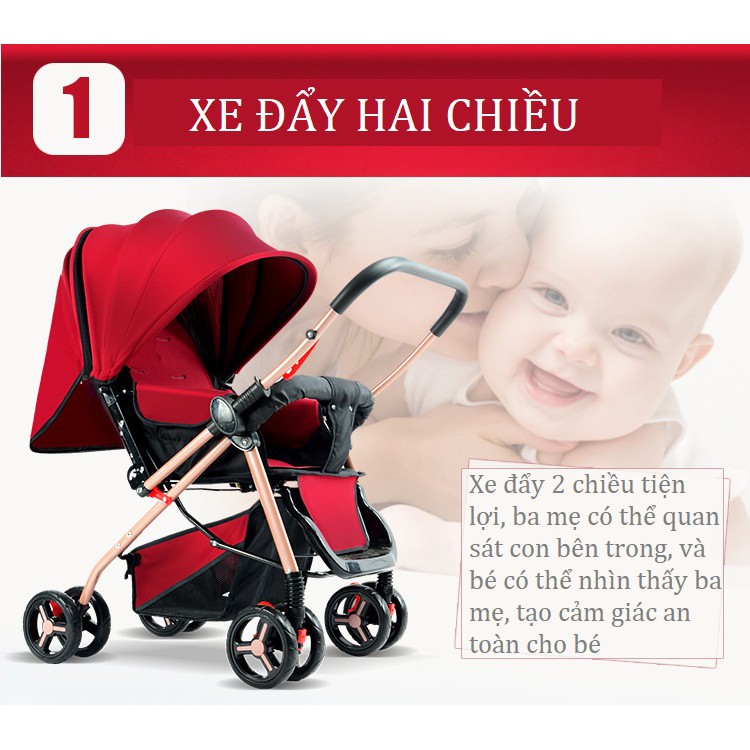 [Quà Tặng] Xe đẩy em bé cao cấp loại lớn 2 chiều 3 tư thế có giảm xóc bánh xe 360 độ đệm nằm êm ái, không gian rộng rãi