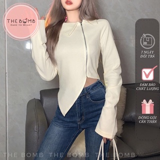 Áo croptop kiểu khoá lệch - áo croptop dài tay nữ xẻ vạt