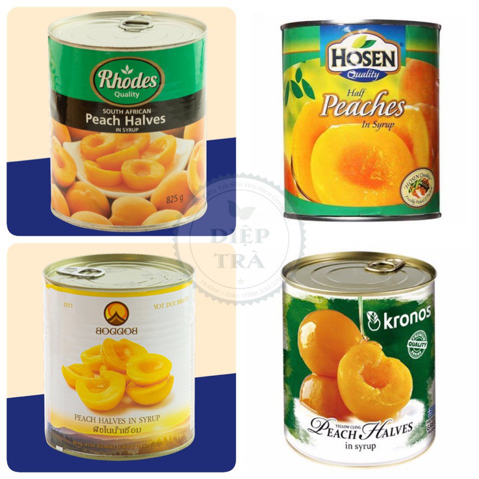 Tổng hợp đào ngâm các hãng: Rhodes, Kronos, Hosen, Thái Lan Boddob - Đóng lon 825gr