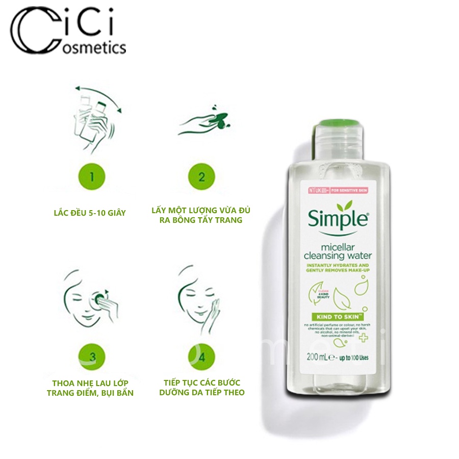 Nước Tẩy Trang Simple Micellar Cleansing Water An Toàn Dịu Nhẹ Cho Da Nhạy Cảm, Không Cồn, Không Màu 200ml CICI2022TT03