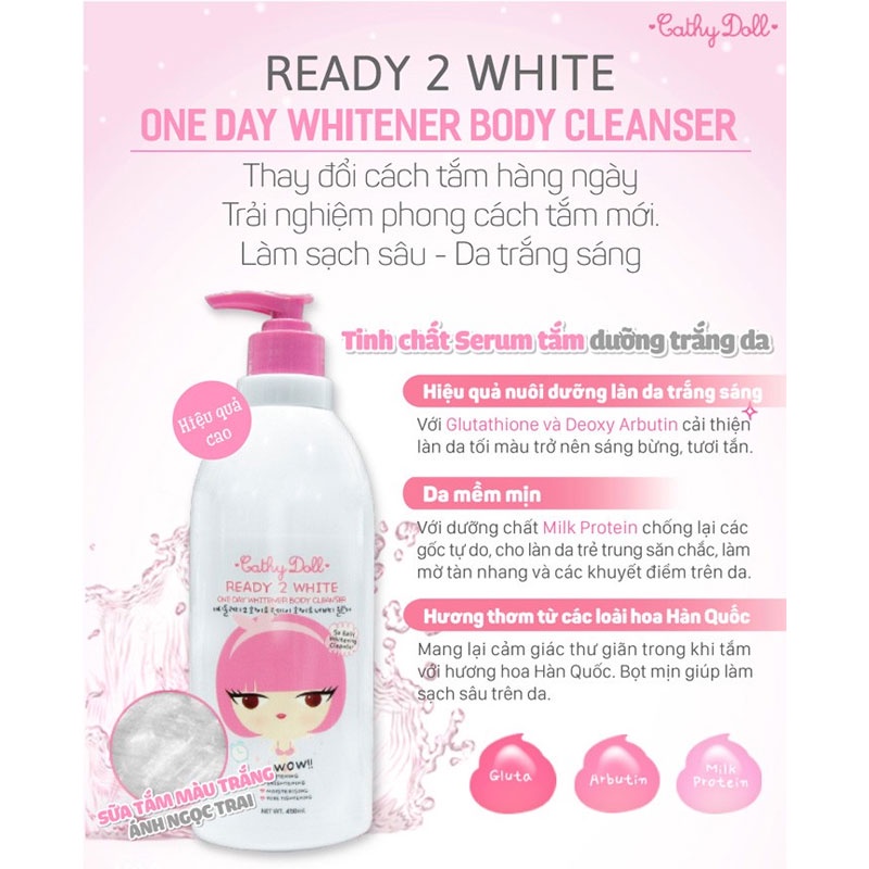 Sữa Tắm Cathy Doll Sáng Da Ready 2 White One Day 500ml Ready 2 White One Day Whitener Body Cleanser