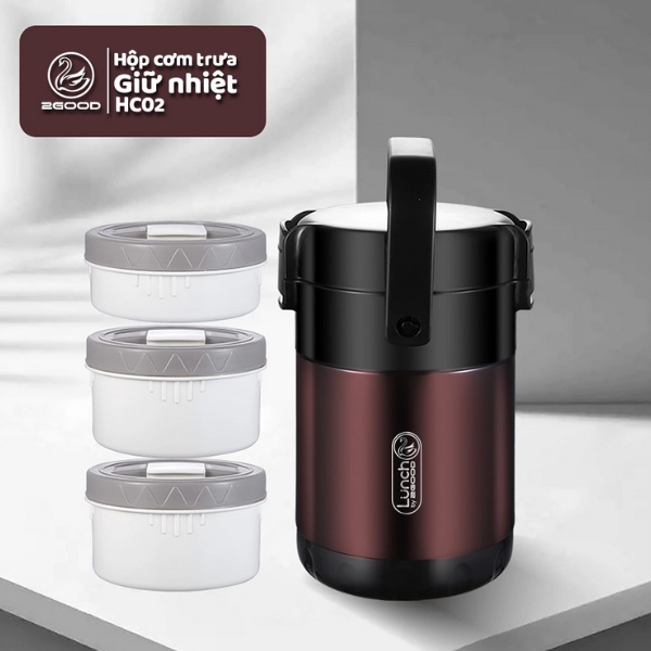 Hộp Cơm Giữ Nhiệt 2GOOD Lunch Box HC02  - Chống trào, chống bỏng, Kèm Đũa - Thìa - Túi, Bảo hành 5 năm
