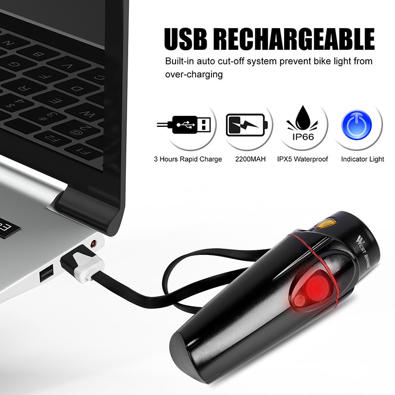 Đèn Chiếu Sáng WEST BIKING Dùng Cho Xe Đạp Cảm Biến Tự Động Sạc USB 350 Lumen