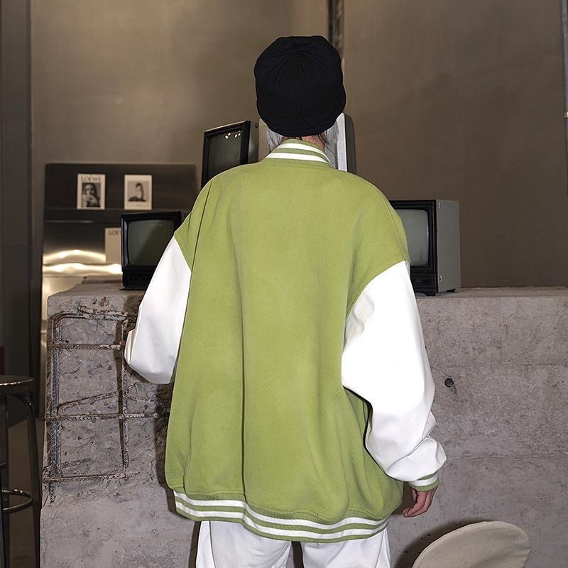 Áo khoác bomber varsity jacket nam nữ xanh lá tay da in hình bò sữa hàng QC