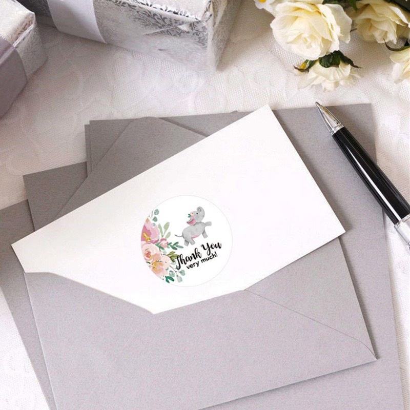 Cuộn 500 miếng dán chữ THANK YOU có 8 mẫu HÌNH CHÚ VOI CON gói hàng, gói quà, gói bánh, trang trí tiện dụng