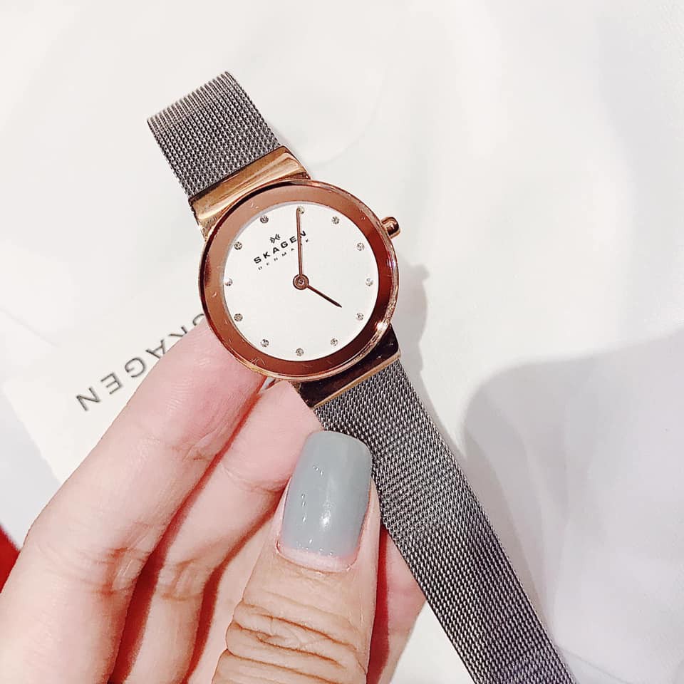 Đồng hồ nữ Skagen dây mesh bạc, mặt màu Rose Gold quyến rũ