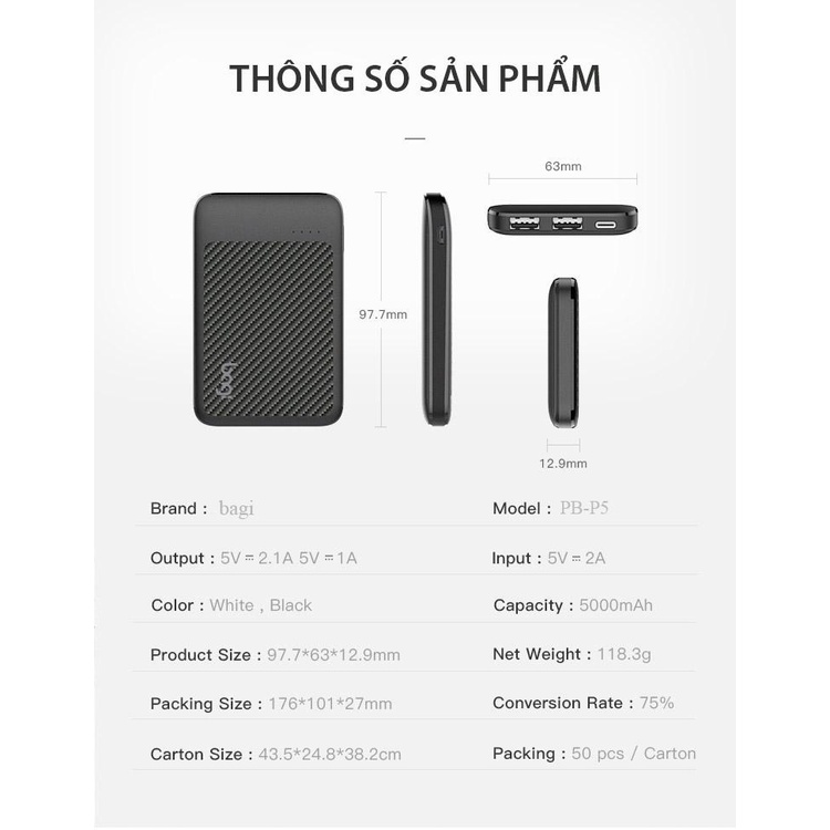 Sạc dự phòng mini Bagi P5, 5000 mAh, 2 cổng sạc usb