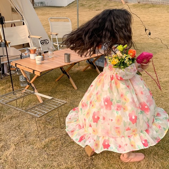 Đầm Voan Tay Dài Kiểu Hàn Quốc Dễ Thương Cho Bé Gái