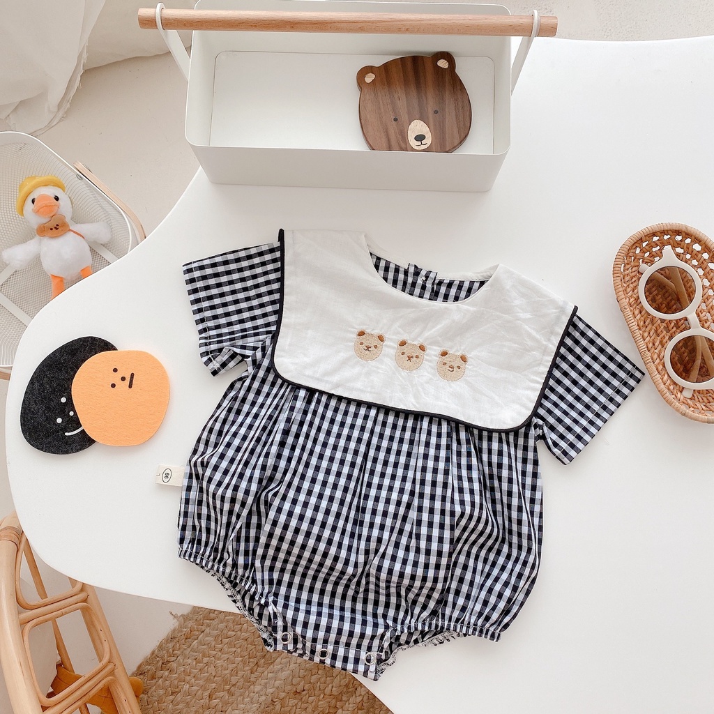 Bộ Áo Liền Quần Cổ Vuông Thêu Hình Gấu Xinh Xắn Thời Trang Mùa Hè Cho Bé Gái Sơ Sinh