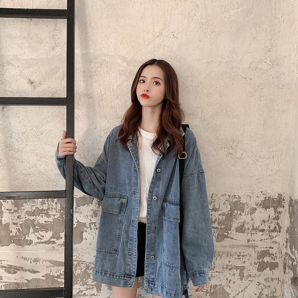 Xiaozhainv Áo Khoác Denim Tay Dài Dáng Rộng Phong Cách Hàn Quốc Dễ Phối Đồ Dành Cho Nữ