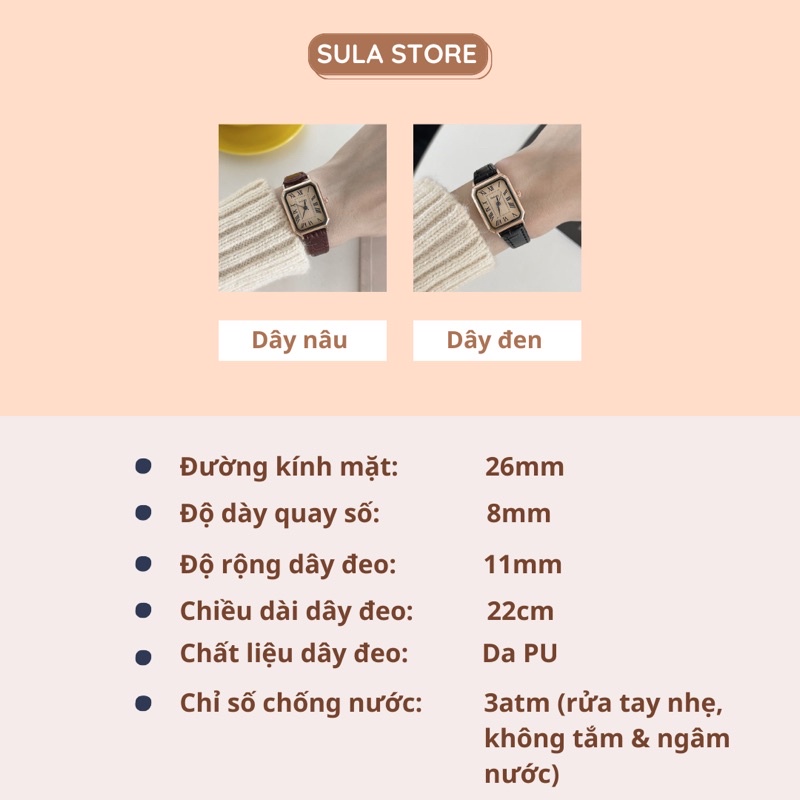 Đồng hồ nữ dây da đẹp mặt chữ nhật SULAGOG chính hãng chống nước 3ATM chống xước