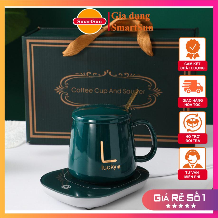 BỘ CỐC HÂM NÓNG kèm đế điện, Cốc giữ nhiệt hâm nóng trà, cafe, sữa - Tặng thìa vàng, hộp sang trọng - Gia dụng SmartSun