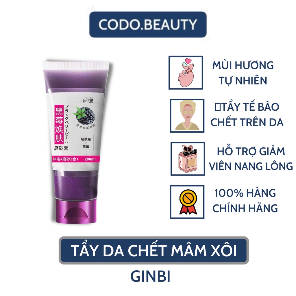 Gel Tẩy Tế Bào Chết Toàn Thân Mâm Xôi Đen GinBi 200ml | Chiết Xuất Mâm Xôi Đen Dưỡng Trắng Da An Toàn, Hiệu Quả