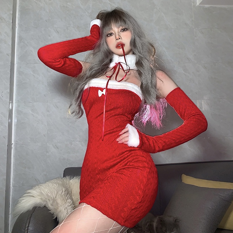 Đầm ống ôm body bó sát tôn dáng hở vai lưng sexy tết xuân noel đỏ giáng sinh kèm bao tay dài khâu lông nơ ren ulzzang