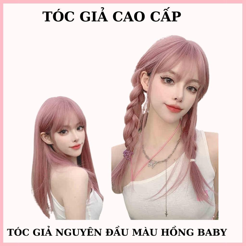 Tóc giả nguyên đầu màu hồng baby, tặng kèm lưới trùm tóc giả, ms1799