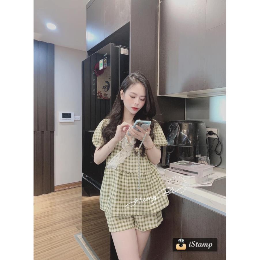 [ 𝐅𝐑𝐄𝐄 𝐒𝐇𝐈𝐏 ]  SÉT KẺ CARO XANH CỐM VIỀN REN CỔ V